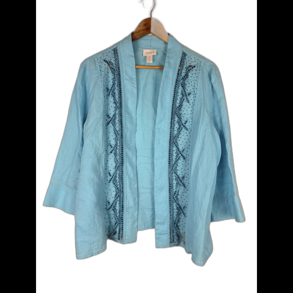 Chico’s 100% Linen Open Front Cardigan Jacket Blue Beaded Size XL Coastal